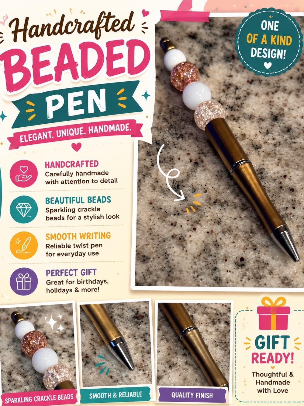 Hand Crafted Gold and White Beaded Pen